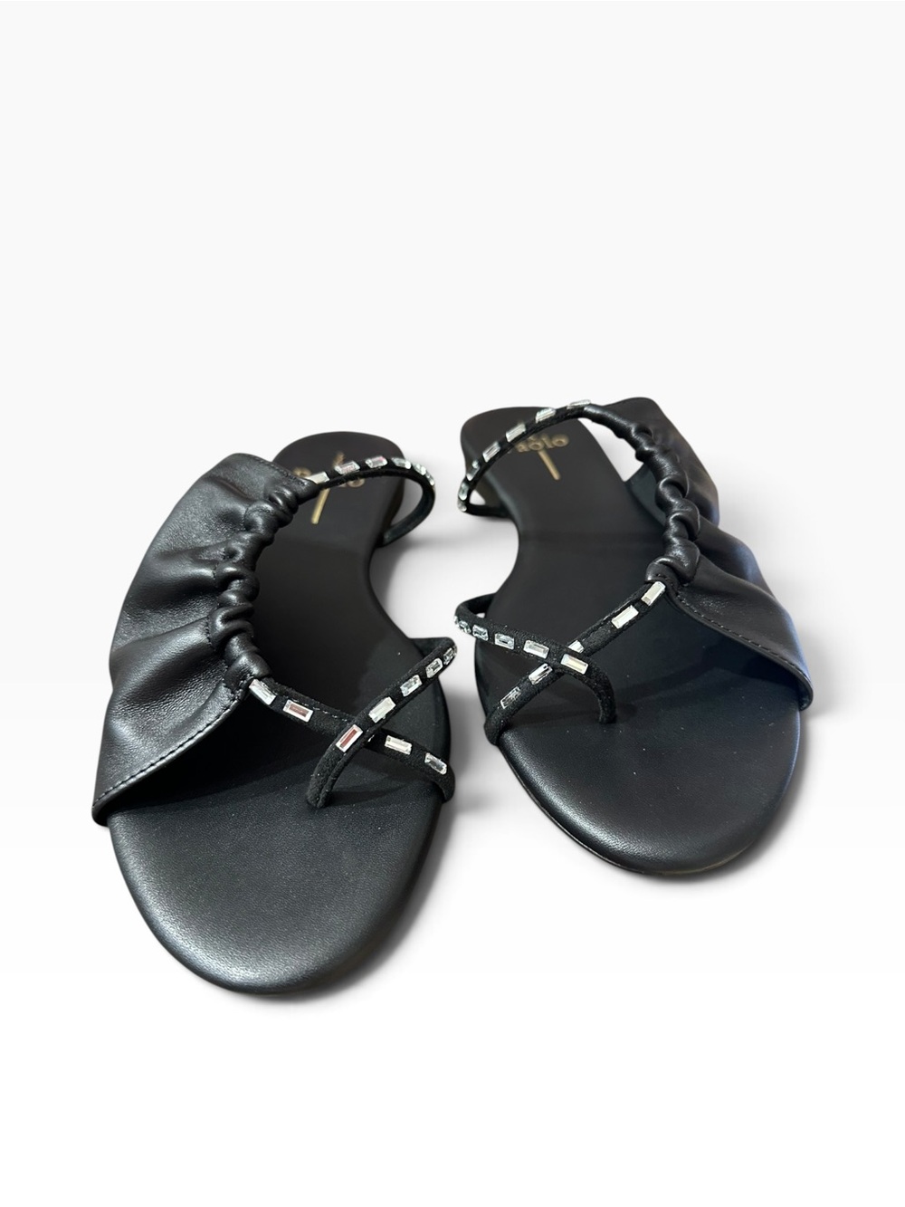 Linea Paolo Lane2 Black Crystal Embellished Leather Flat Sandals
